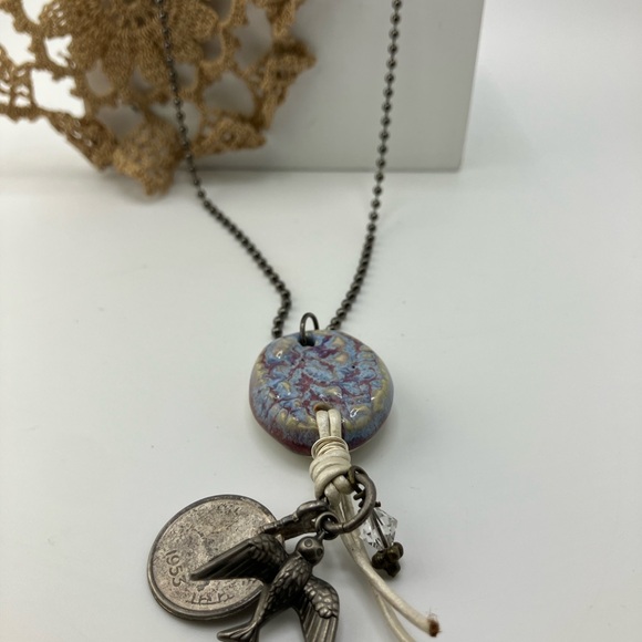 Hand Crafted Jewelry - Handcrafted Silver Colored and Handmade Blue Ceramic Pendant Necklace